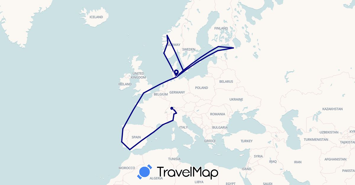 TravelMap itinerary: driving in Switzerland, Germany, Denmark, Estonia, Spain, Finland, France, United Kingdom, Italy, Norway, Portugal, Russia (Europe)